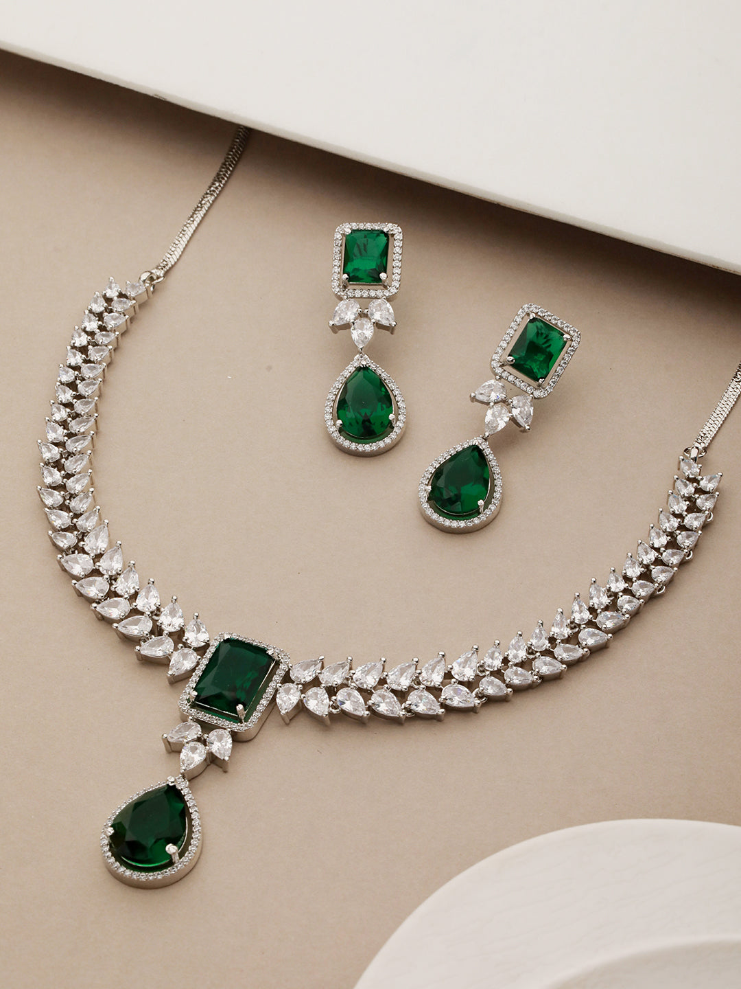 Silver Plated Green Zircon Minimal  Necklace Jewellery Set